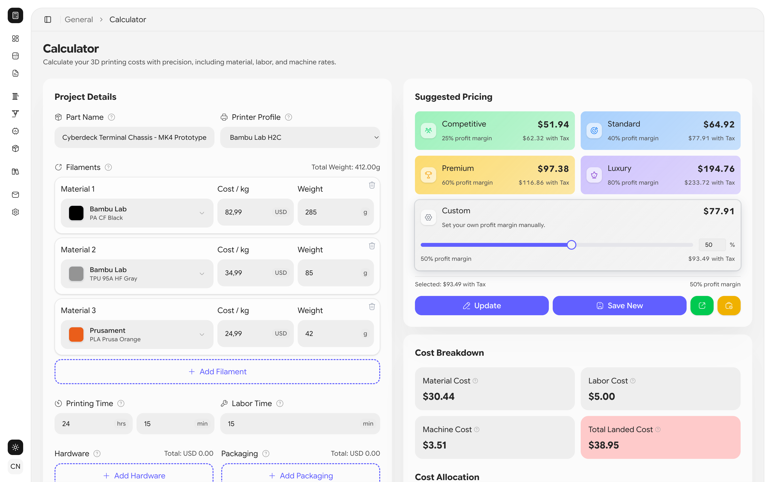 3DPCC Control Center Dashboard showing Project Costing