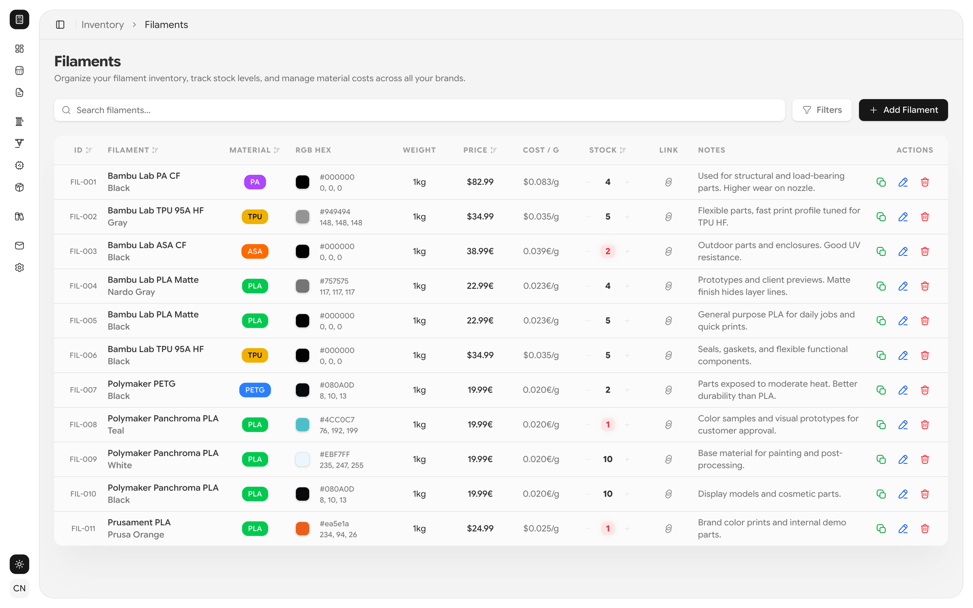 Filament Inventory Interface