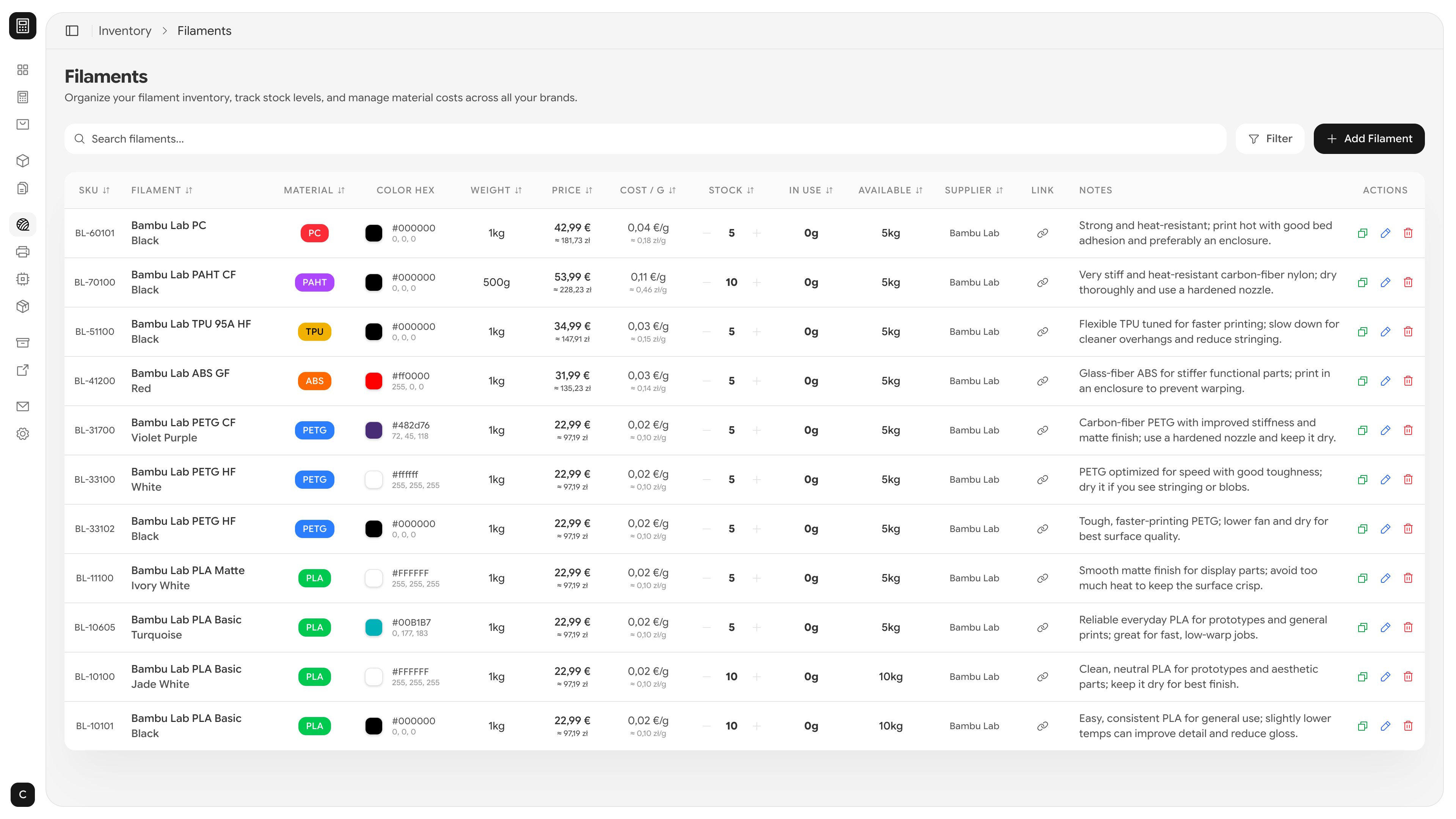 Filament Inventory Interface