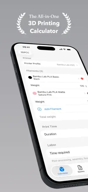 3DPCC on iPhone showing print costs and a suggested price