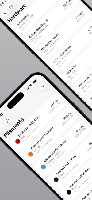 Filament and hardware inventory in the 3DPCC iOS app