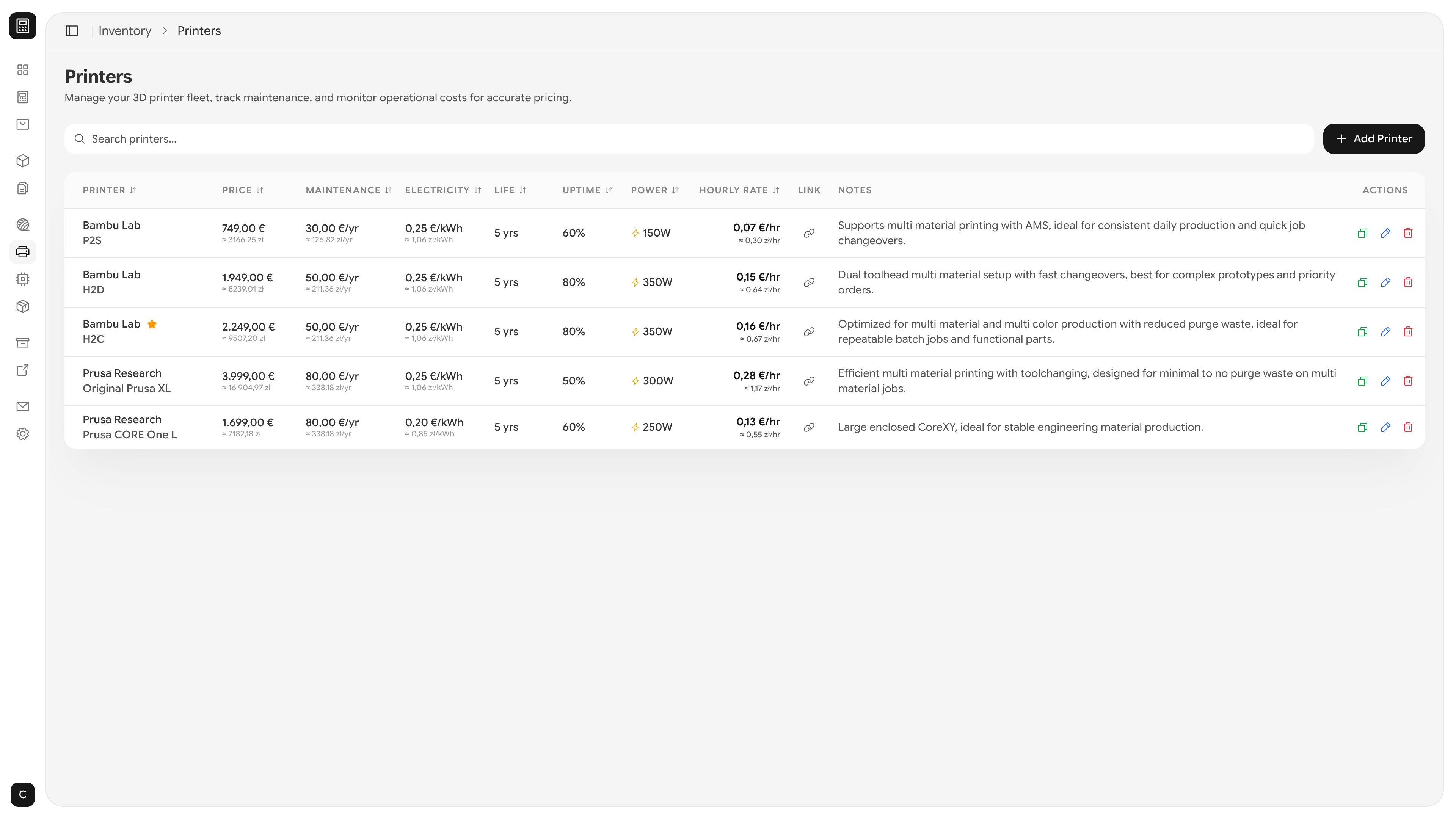 Printer Profiles Interface