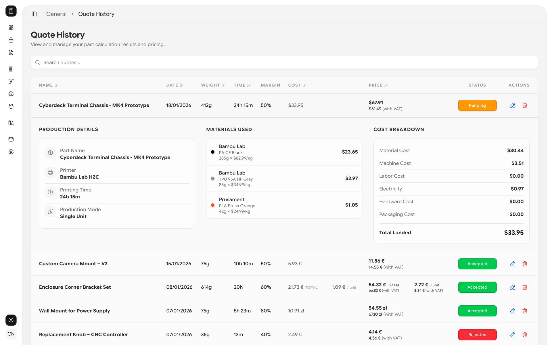 Quote History Interface